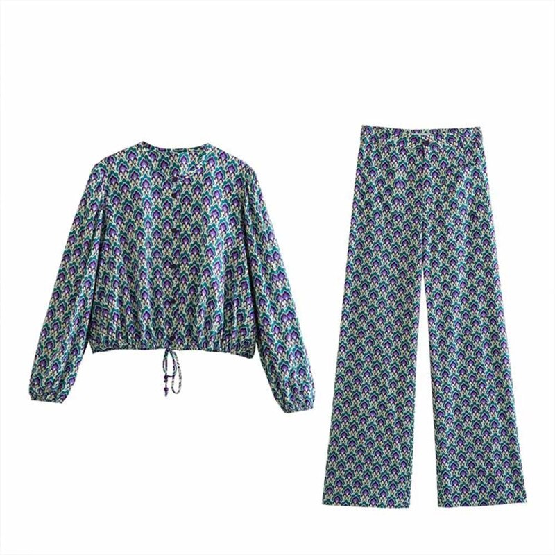 Autumn Vintage Floral Printed Long Pants Suits For Women Tied Hem Crop Top Wide Leg Loose Pants Female 2 Piece Sets Outfits Blue full set TZ167