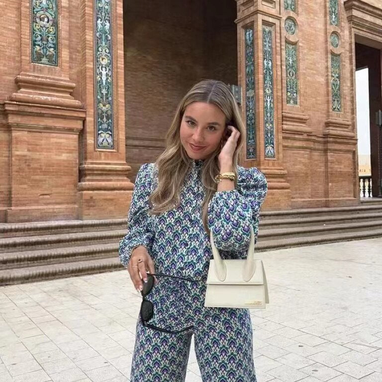 Autumn Vintage Floral Printed Long Pants Suits For Women Tied Hem Crop Top Wide Leg Loose Pants Female 2 Piece Sets Outfits