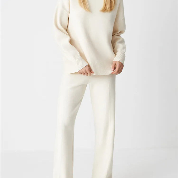 Autumn Winter 2 Pieces Oversize Women's Sets Knitted Tracksuit Half Turtleneck Sweater and Wide Leg Jogging Pants Suits 2024