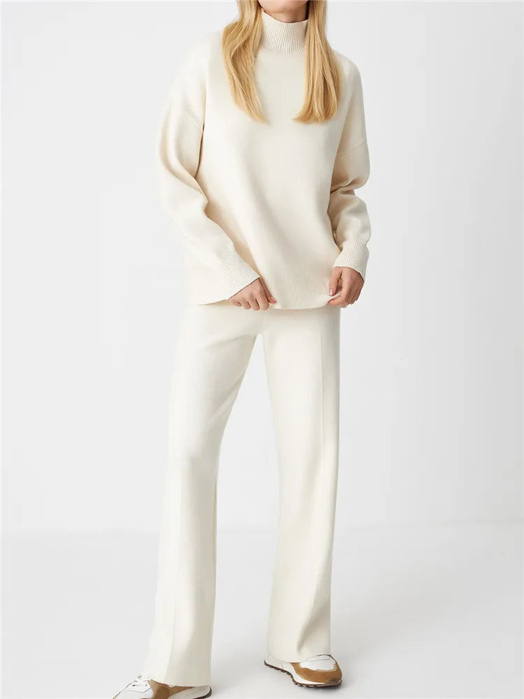 Autumn Winter 2 Pieces Oversize Women's Sets Knitted Tracksuit Half Turtleneck Sweater and Wide Leg Jogging Pants Suits 2024