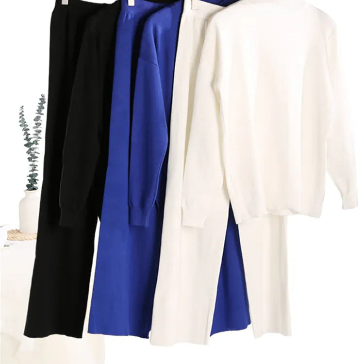 Autumn Winter 2 Pieces Oversize Women's Sets Knitted Tracksuit Half Turtleneck Sweater and Wide Leg Jogging Pants Suits 2024