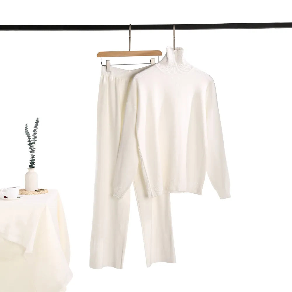 Autumn Winter 2 Pieces Oversize Women's Sets Knitted Tracksuit Half Turtleneck Sweater and Wide Leg Jogging Pants Suits 2024 Ivory One Size