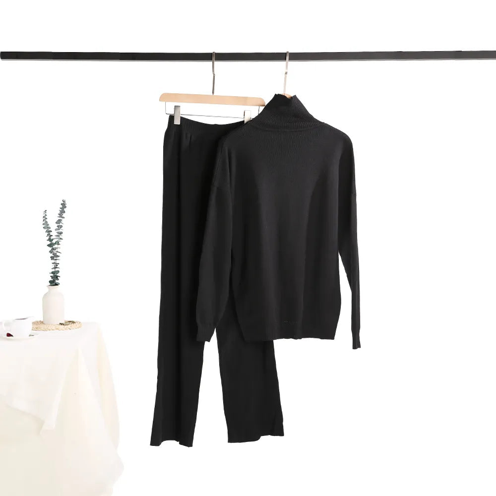 Autumn Winter 2 Pieces Oversize Women's Sets Knitted Tracksuit Half Turtleneck Sweater and Wide Leg Jogging Pants Suits 2024 Black One Size