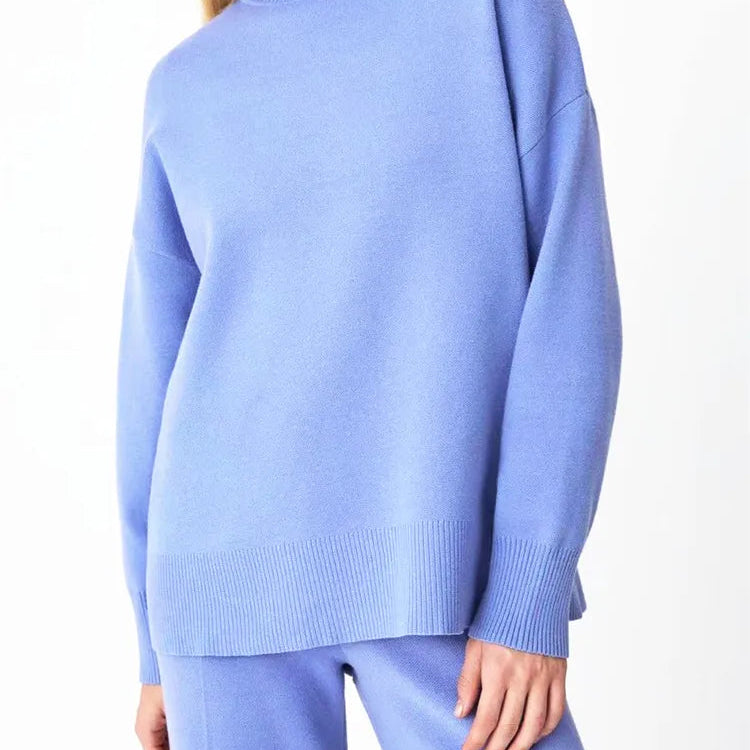 Autumn Winter 2 Pieces Oversize Women's Sets Knitted Tracksuit Half Turtleneck Sweater and Wide Leg Jogging Pants Suits 2024