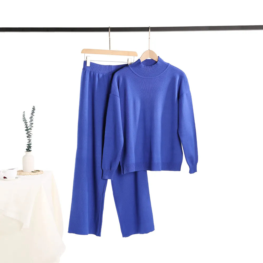 Autumn Winter 2 Pieces Oversize Women's Sets Knitted Tracksuit Half Turtleneck Sweater and Wide Leg Jogging Pants Suits 2024 Blue One Size