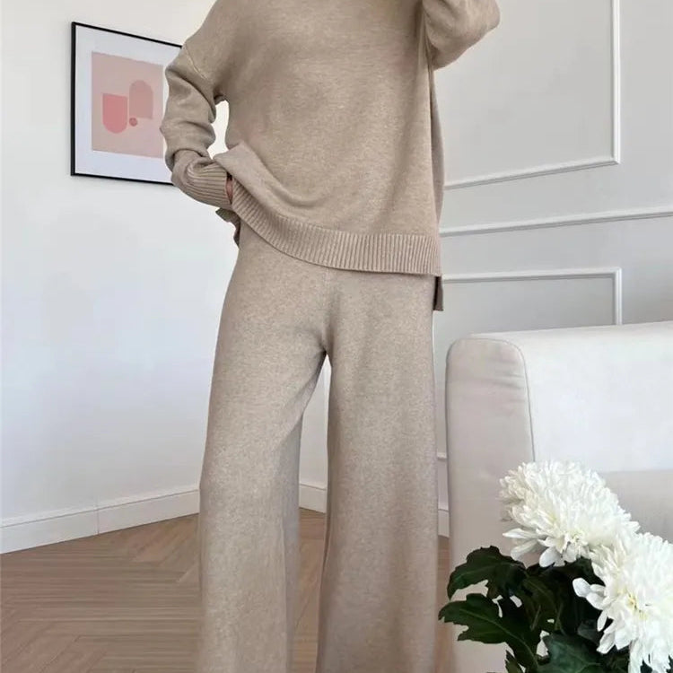 Autumn Winter 2 Pieces Oversize Women's Sets Knitted Tracksuit Half Turtleneck Sweater and Wide Leg Jogging Pants Suits 2024 Camel One Size