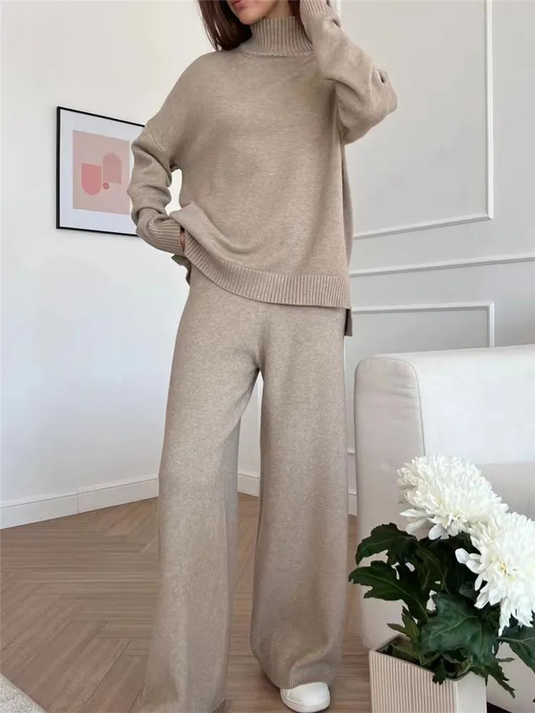 Autumn Winter 2 Pieces Oversize Women's Sets Knitted Tracksuit Half Turtleneck Sweater and Wide Leg Jogging Pants Suits 2024 Camel One Size