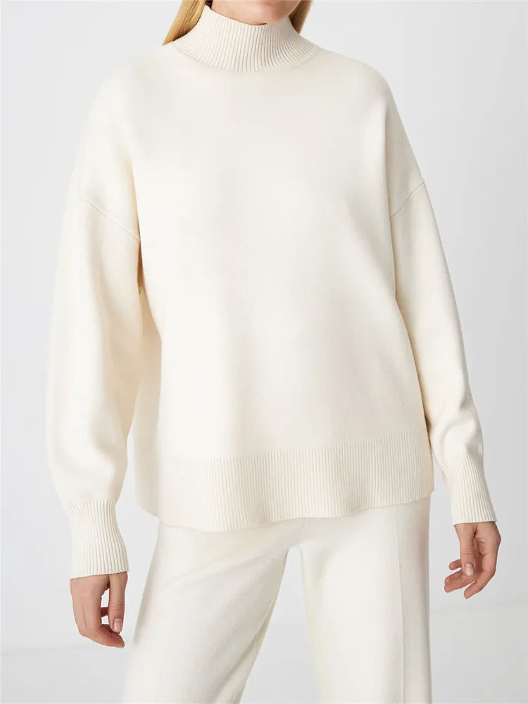 Autumn Winter 2 Pieces Oversize Women's Sets Knitted Tracksuit Half Turtleneck Sweater and Wide Leg Jogging Pants Suits 2024