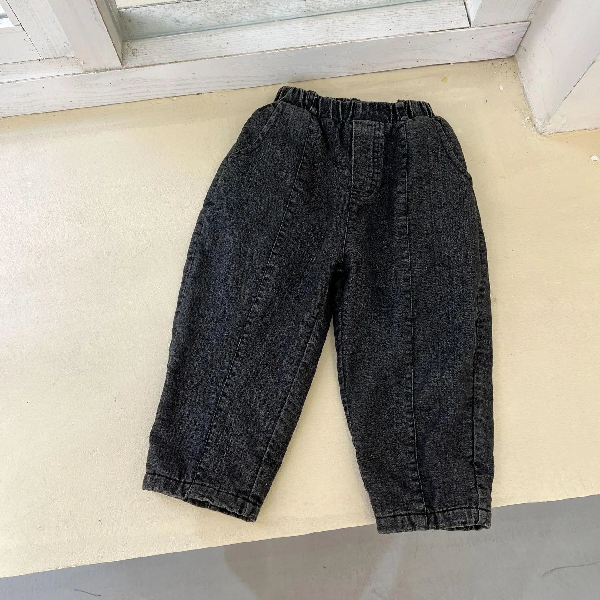 Autumn Winter Boy Children Plus Velvet Warm Jeans Retro Girl Baby Fleece Thicken Denim Pants Kid Cotton Casual Trousers Clothes black