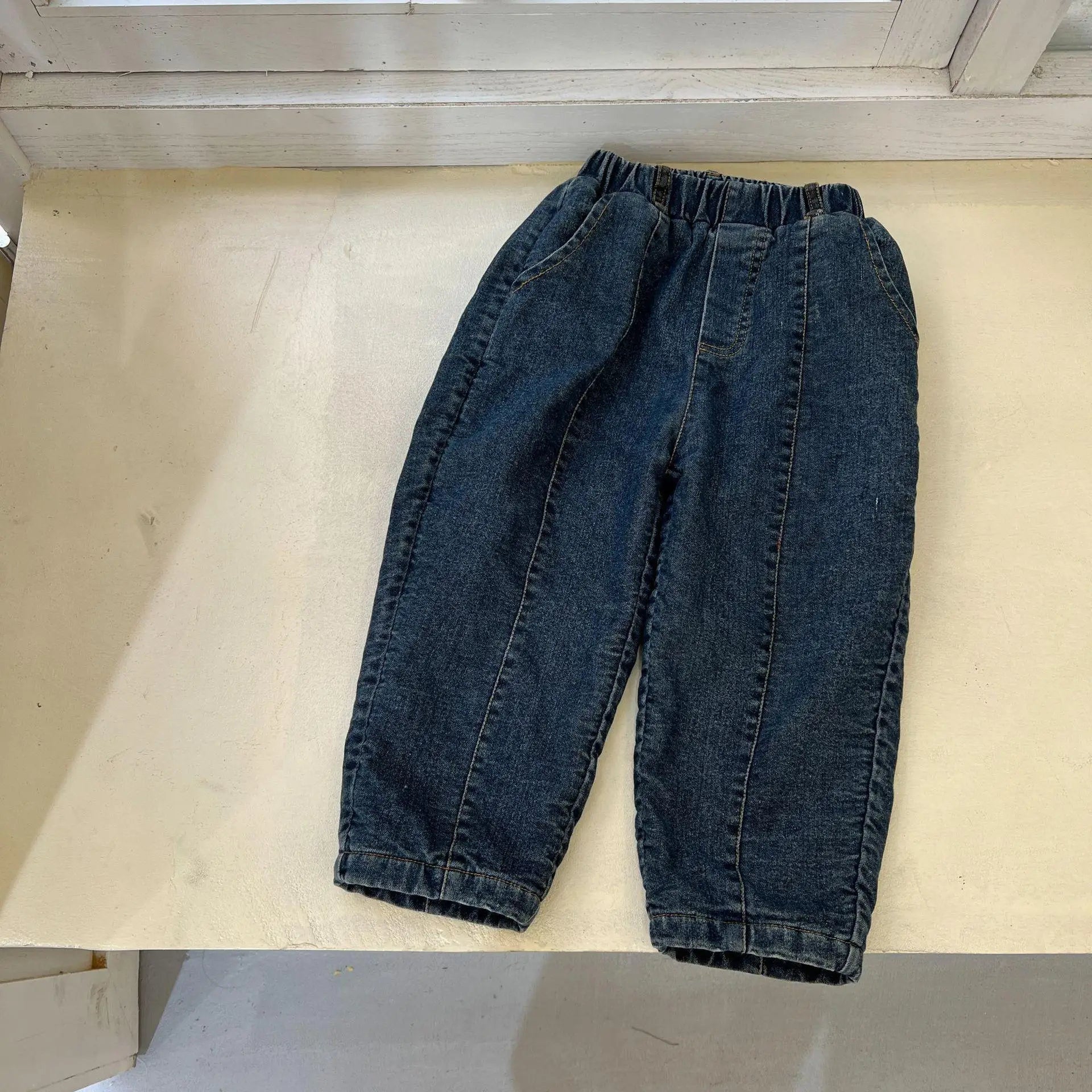 Autumn Winter Boy Children Plus Velvet Warm Jeans Retro Girl Baby Fleece Thicken Denim Pants Kid Cotton Casual Trousers Clothes blue