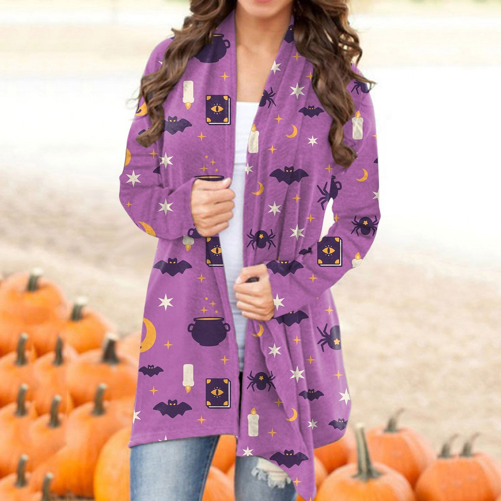 Autumn Winter Cardigan Women Halloween Skull Print Casual Open Stitch Lady Elegant Sweater Coat Casual Blouse Clothes Streetwear Purple