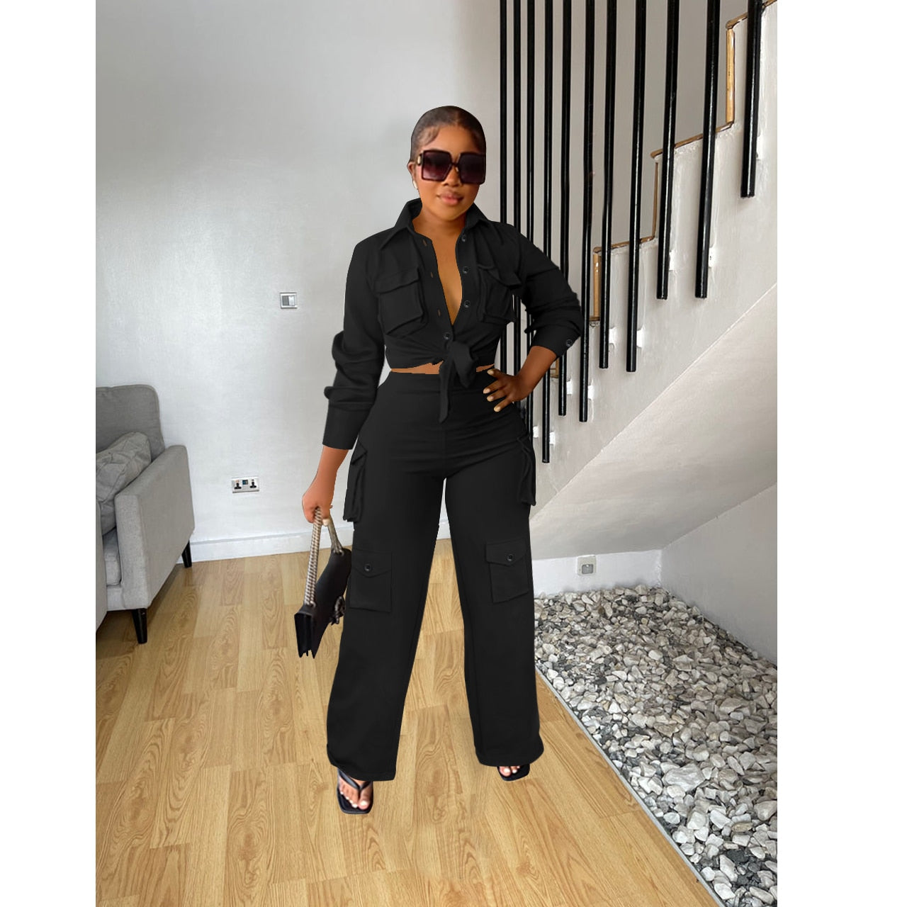 Autumn Winter Casual Solid Color Long Sleeve Shirt Pants Tooling Multiple Pockets Wide Leg High wWaisted Knit Women Set