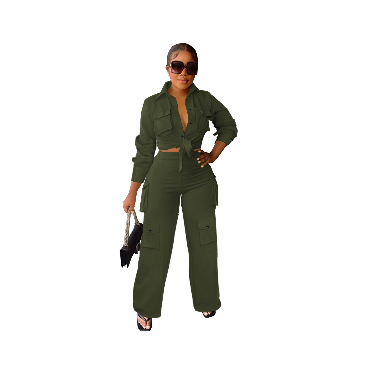 Autumn Winter Casual Solid Color Long Sleeve Shirt Pants Tooling Multiple Pockets Wide Leg High wWaisted Knit Women Set Green
