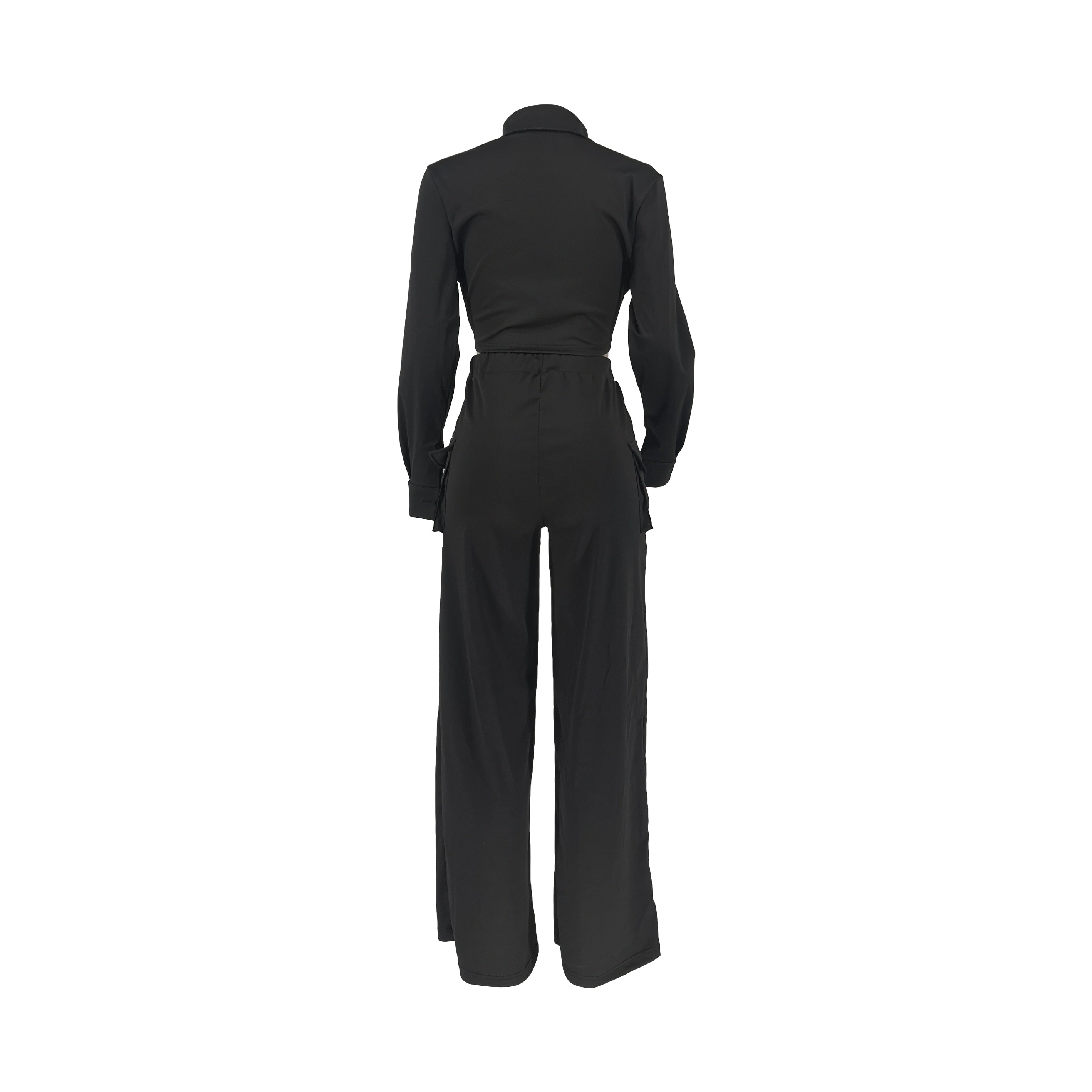 Autumn Winter Casual Solid Color Long Sleeve Shirt Pants Tooling Multiple Pockets Wide Leg High wWaisted Knit Women Set