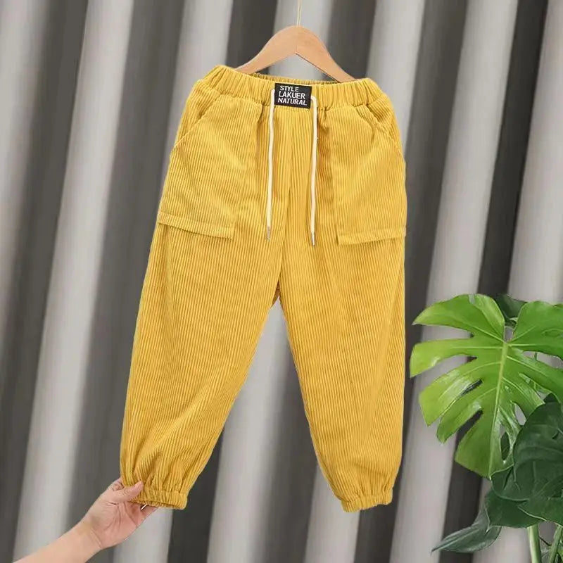 Autumn Winter Corduroy Solid Plus Velvet Kids Pants Harajuku Thick Cute All Match Trousers High Waist Fashion Children's Clothes Yellow Patch Pocket