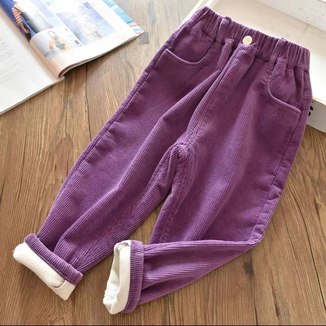 Autumn Winter Corduroy Solid Plus Velvet Kids Pants Harajuku Thick Cute All Match Trousers High Waist Fashion Children's Clothes Purple