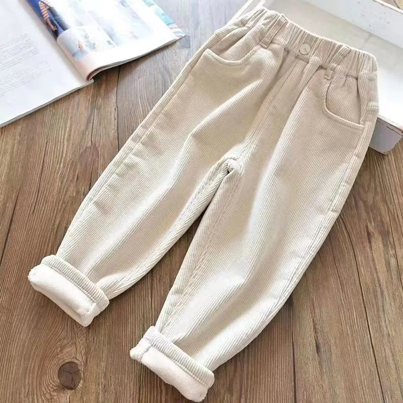 Autumn Winter Corduroy Solid Plus Velvet Kids Pants Harajuku Thick Cute All Match Trousers High Waist Fashion Children's Clothes Off White