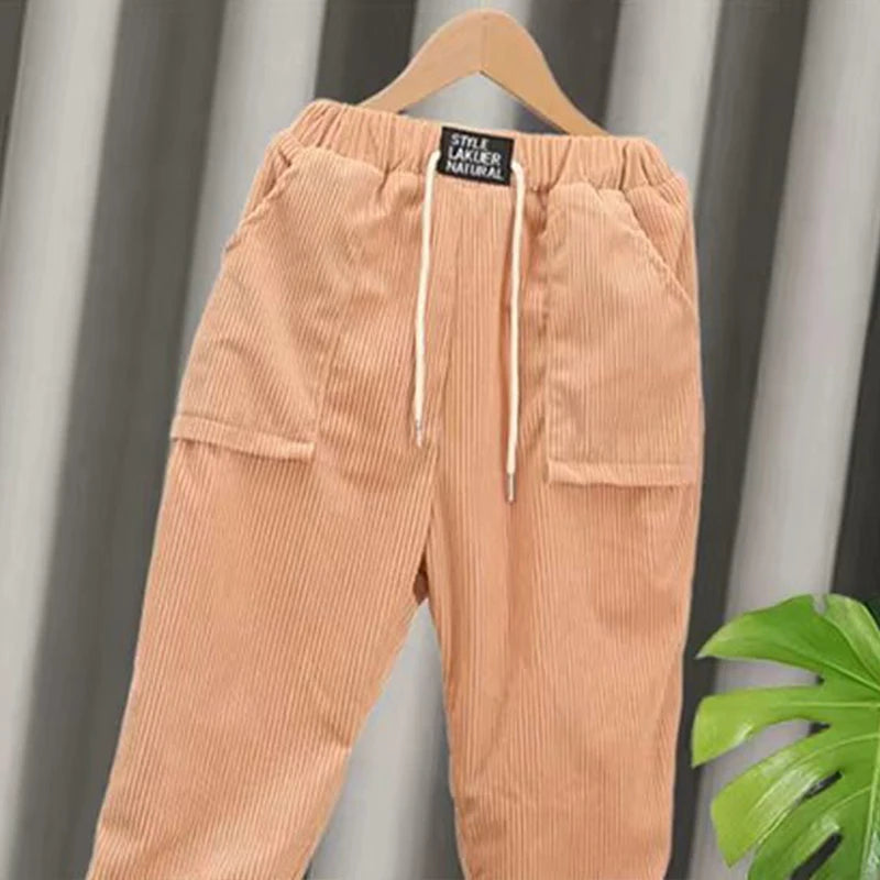 Autumn Winter Corduroy Solid Plus Velvet Kids Pants Harajuku Thick Cute All Match Trousers High Waist Fashion Children's Clothes Ginger Patch Pocket
