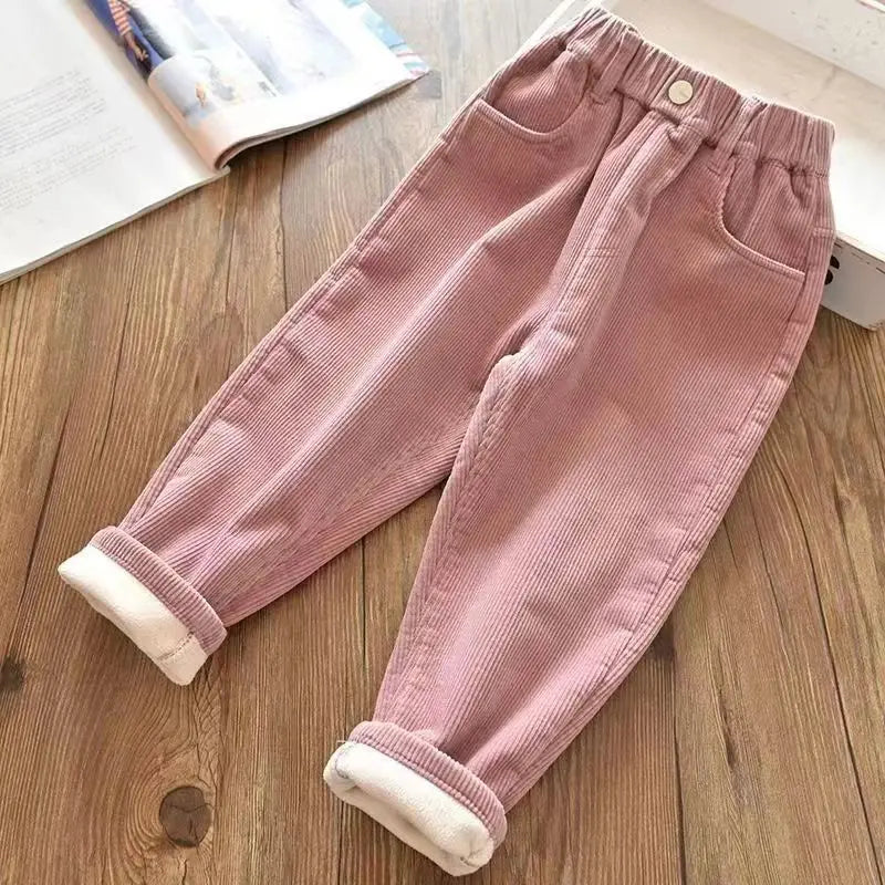 Autumn Winter Corduroy Solid Plus Velvet Kids Pants Harajuku Thick Cute All Match Trousers High Waist Fashion Children's Clothes Pink
