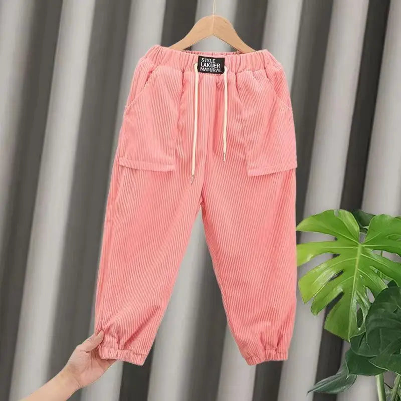 Autumn Winter Corduroy Solid Plus Velvet Kids Pants Harajuku Thick Cute All Match Trousers High Waist Fashion Children's Clothes Pink Patch Pocket