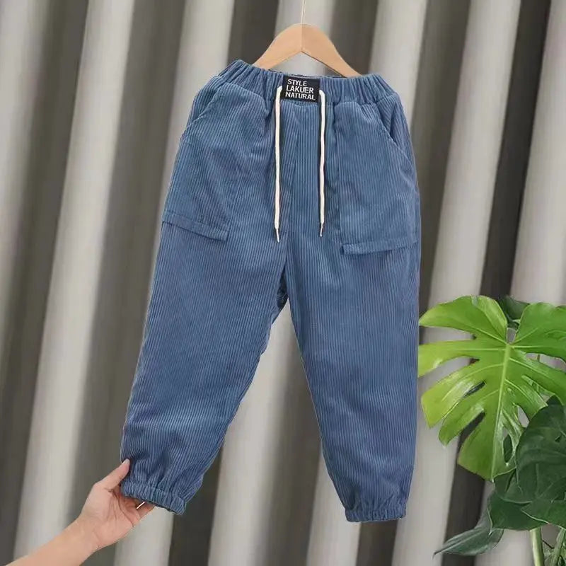 Autumn Winter Corduroy Solid Plus Velvet Kids Pants Harajuku Thick Cute All Match Trousers High Waist Fashion Children's Clothes Blue Patch Pocket