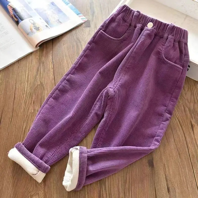Autumn Winter Corduroy Solid Plus Velvet Kids Pants Harajuku Thick Cute All Match Trousers High Waist Fashion Children's Clothes