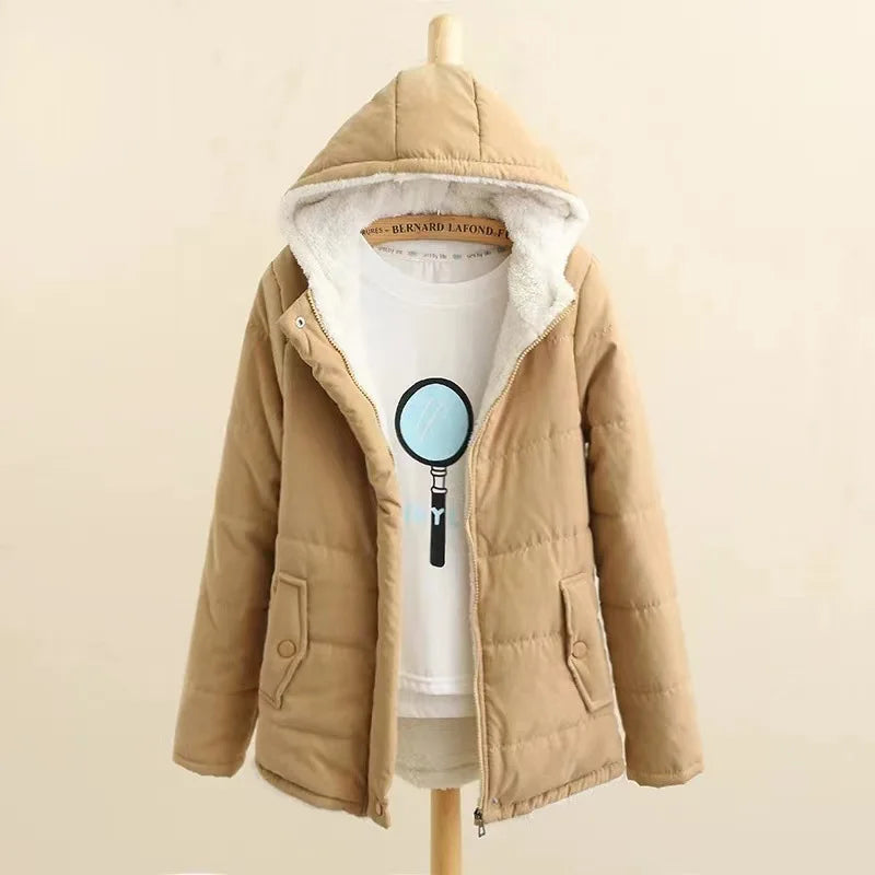 Autumn Winter Cotton Wool and Thick Women Hooded Coat College Style Long-sleeved Bread Coat Padded Jacket khaki