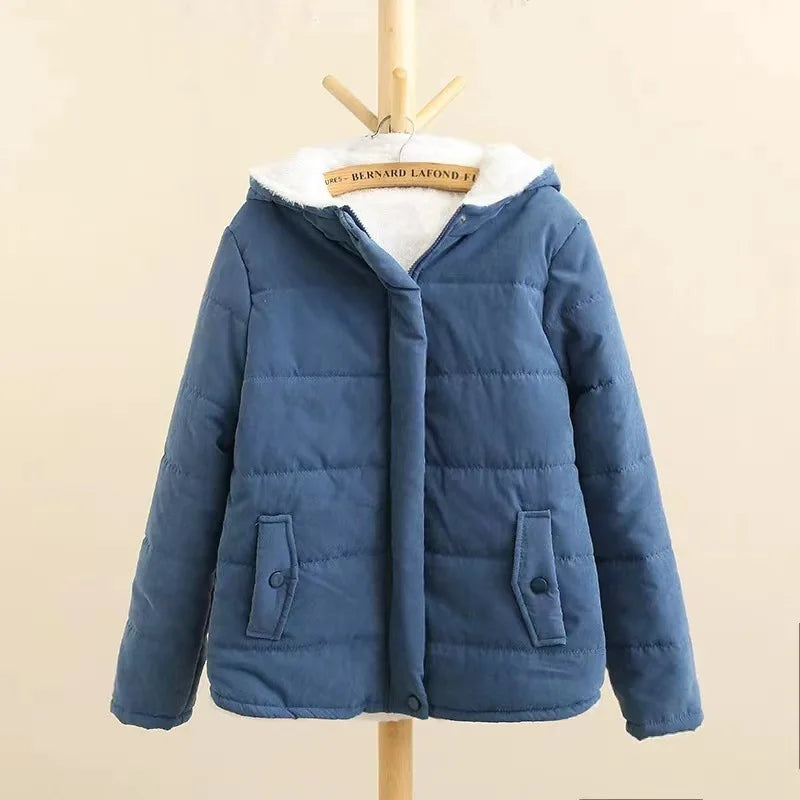 Autumn Winter Cotton Wool and Thick Women Hooded Coat College Style Long-sleeved Bread Coat Padded Jacket Denim blue