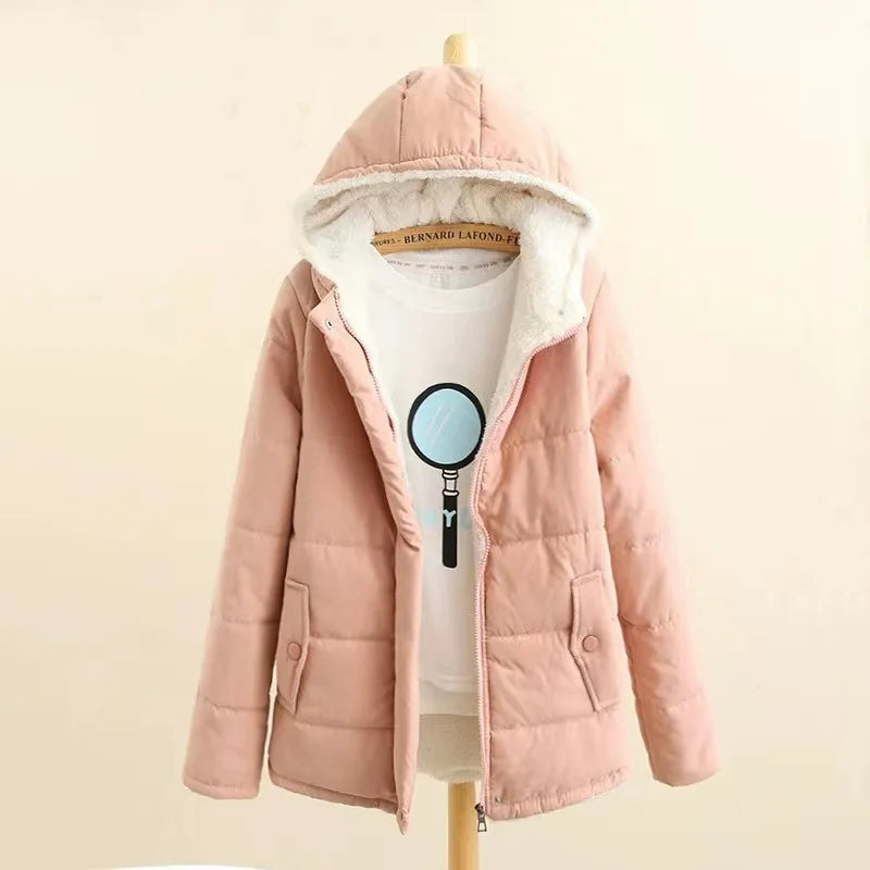 Autumn Winter Cotton Wool and Thick Women Hooded Coat College Style Long-sleeved Bread Coat Padded Jacket pink
