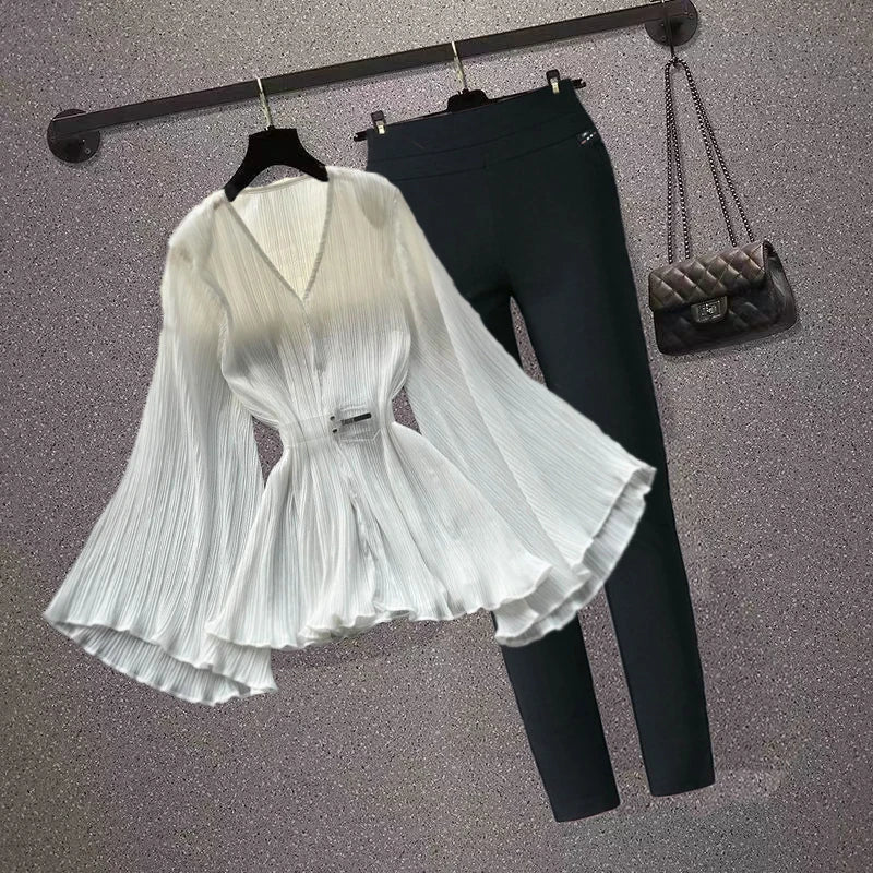 Autumn Winter Elegant OL Flared Sleeve Loose Fashion V-neck Blouse Top + Big Stretch Pant Set Slim Ninth Woman Two-piece Sets-white