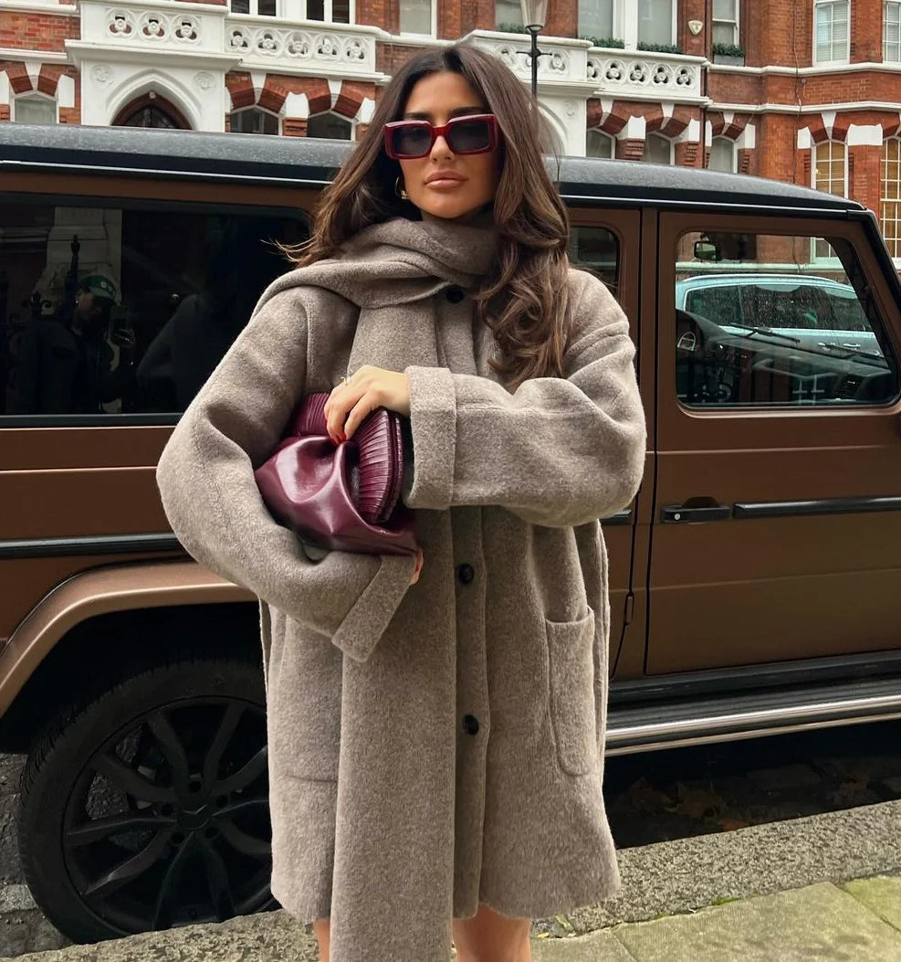 Autumn Winter Elegant Women Woolen Coat With Scarf Fashion Loose Long Sleeve Warm Coat Female Chic Lady Casual Street Overcoat