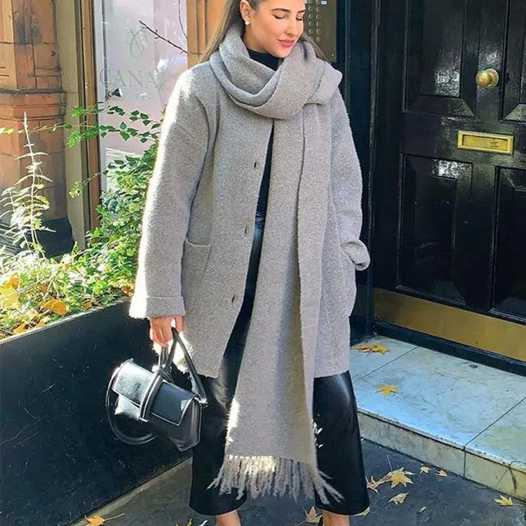 Autumn Winter Elegant Women Woolen Coat With Scarf Fashion Loose Long Sleeve Warm Coat Female Chic Lady Casual Street Overcoat
