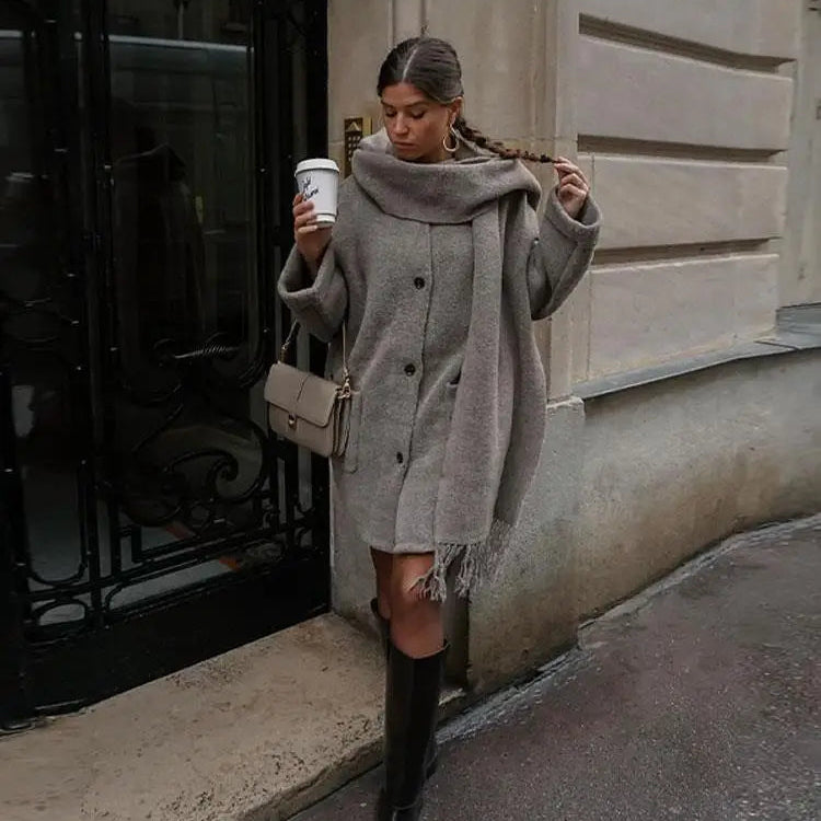 Autumn Winter Elegant Women Woolen Coat With Scarf Fashion Loose Long Sleeve Warm Coat Female Chic Lady Casual Street Overcoat