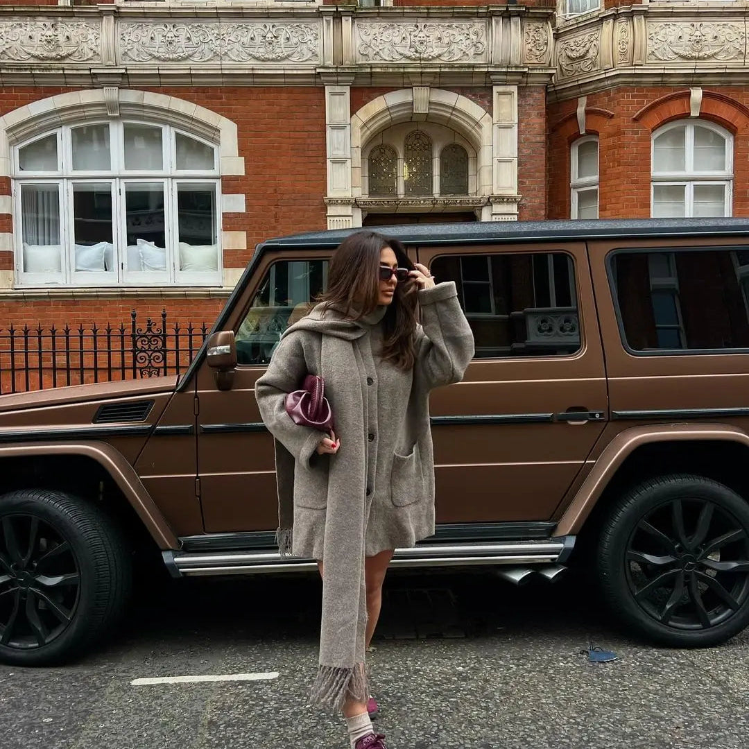 Autumn Winter Elegant Women Woolen Coat With Scarf Fashion Loose Long Sleeve Warm Coat Female Chic Lady Casual Street Overcoat