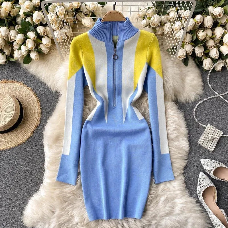 Autumn Winter Fashion Geometric Knitted Dress Women Streetwear Zipper Collar Short Bodycon Sweater Dress Lady Vestidos Blue One Size