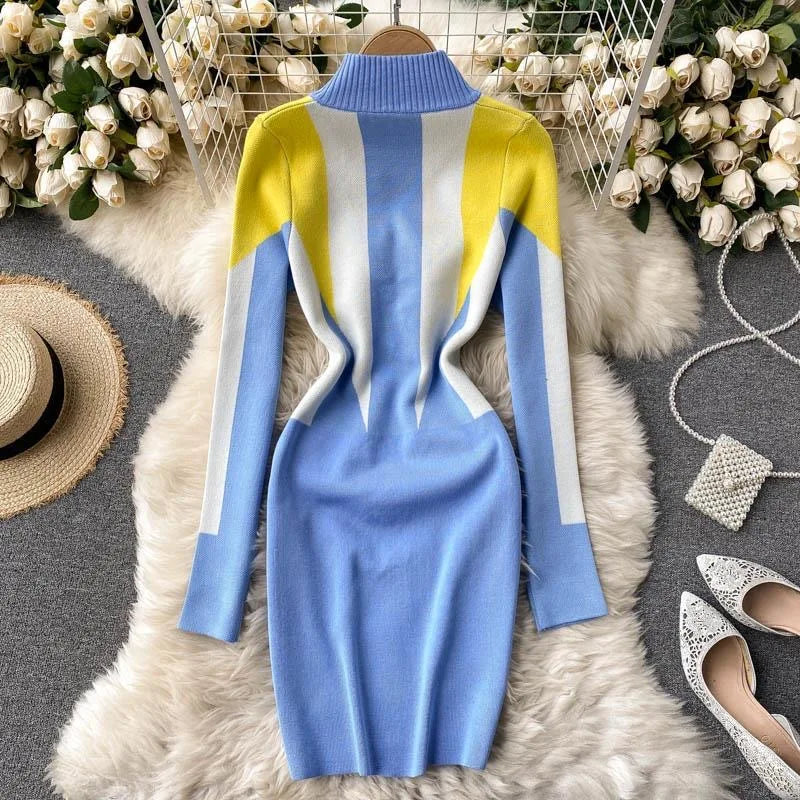 Autumn Winter Fashion Geometric Knitted Dress Women Streetwear Zipper Collar Short Bodycon Sweater Dress Lady Vestidos