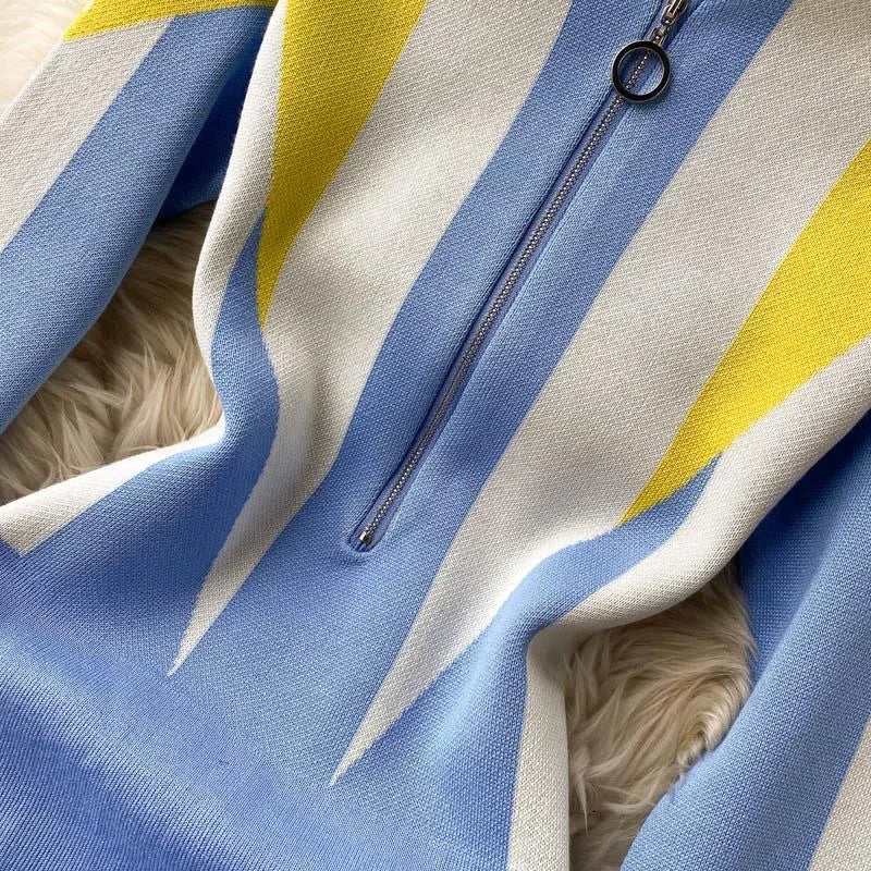 Autumn Winter Fashion Geometric Knitted Dress Women Streetwear Zipper Collar Short Bodycon Sweater Dress Lady Vestidos