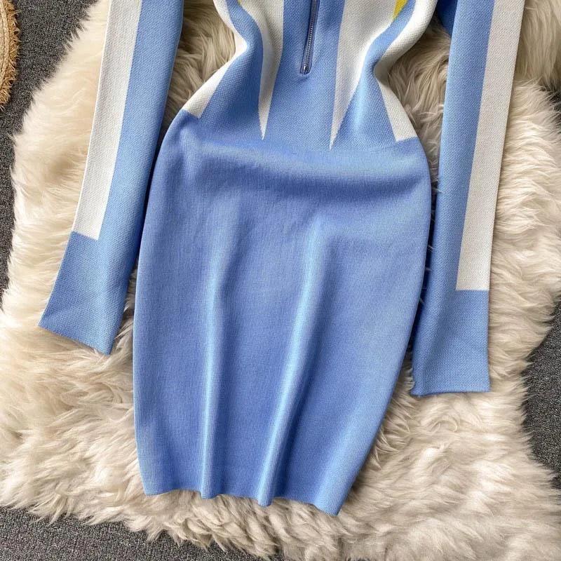 Autumn Winter Fashion Geometric Knitted Dress Women Streetwear Zipper Collar Short Bodycon Sweater Dress Lady Vestidos