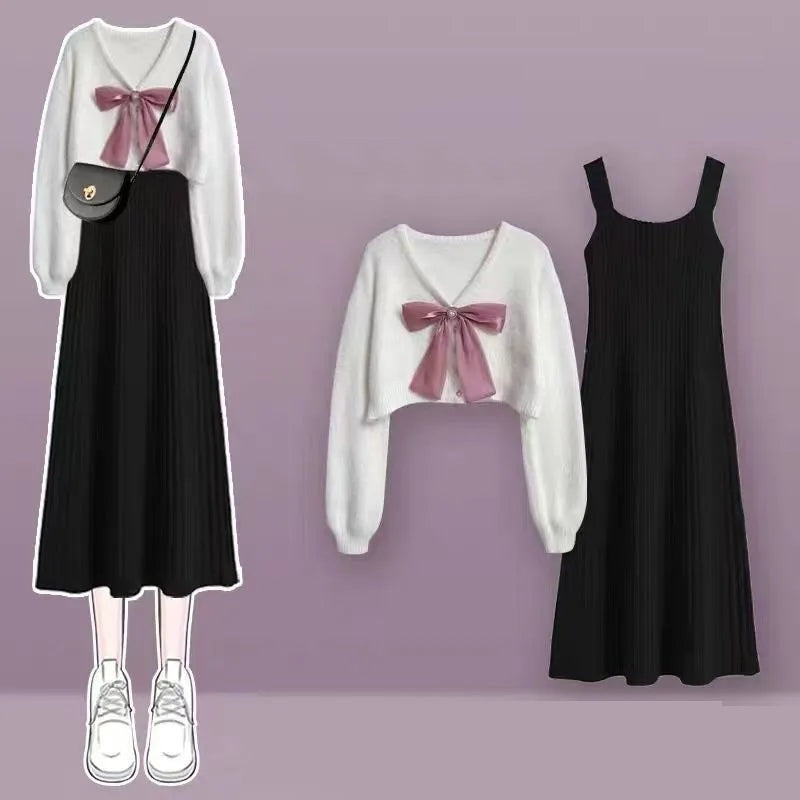 가을 겨울 패션 짧은 뜨개질 스웨터 + 서스펜더 드레스 투피스 한국어 우아한 보우 카디건 섹시한 피쉬 테일 스커트 세트