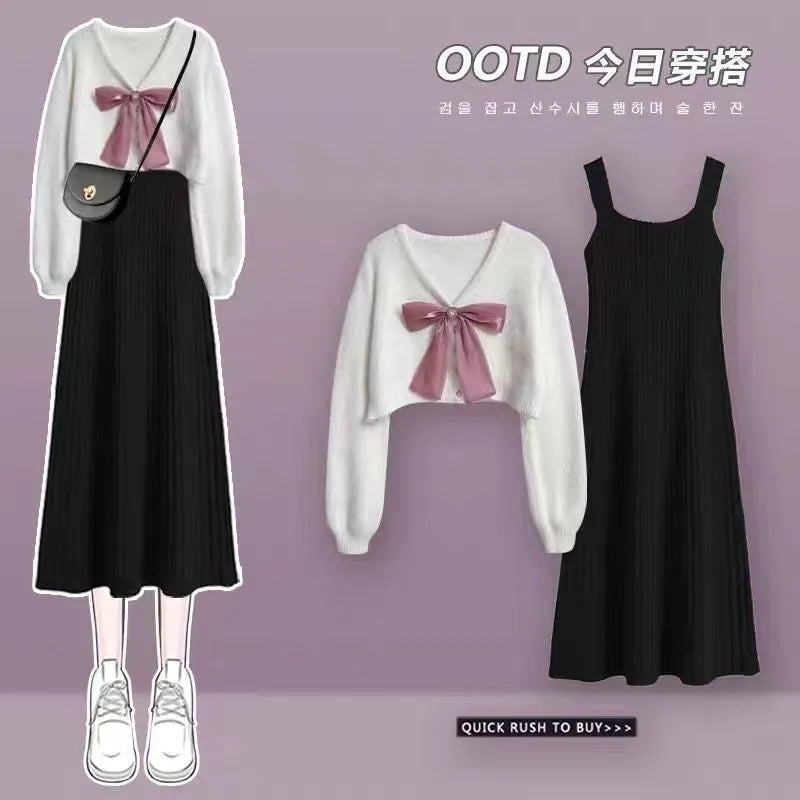 Autumn Winter Fashion Short Knitting Sweater+suspender Dress Two-piece Korean Elegant Bow Cardigan Sexy Fishtail Skirt Set Set 02