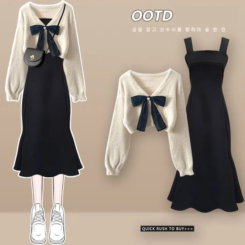 Autumn Winter Fashion Short Knitting Sweater+suspender Dress Two-piece Korean Elegant Bow Cardigan Sexy Fishtail Skirt Set Set 01