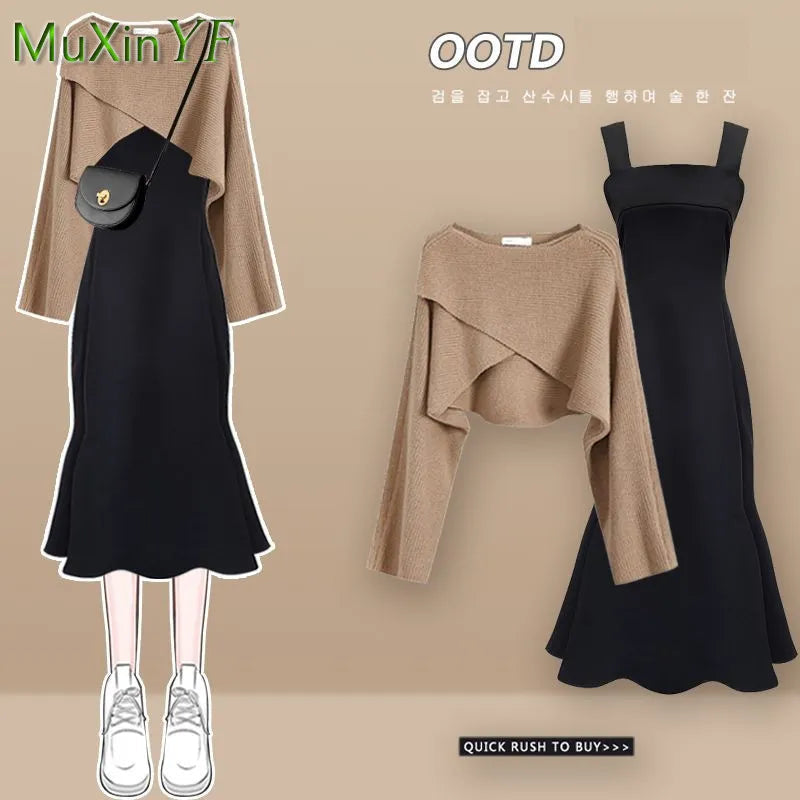 Autumn Winter Fashion Short Knitting Sweater+suspender Dress Two-piece Korean Elegant Bow Cardigan Sexy Fishtail Skirt Set