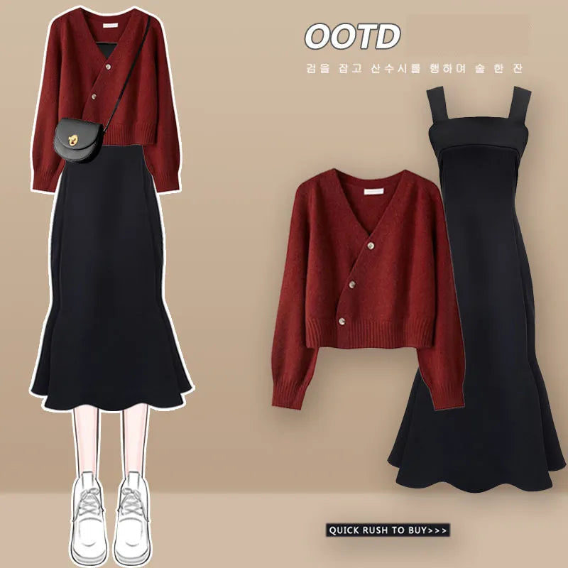 Autumn Winter Fashion Short Knitting Sweater+suspender Dress Two-piece Korean Elegant Bow Cardigan Sexy Fishtail Skirt Set Set 05