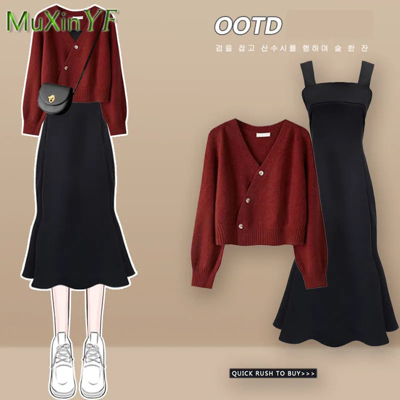 Autumn Winter Fashion Short Knitting Sweater+suspender Dress Two-piece Korean Elegant Bow Cardigan Sexy Fishtail Skirt Set