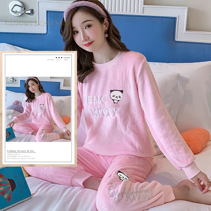 Autumn Winter Flannel Women's Pajamas Sets Cute Polka Dots Printed Teddy Sleepwear Velvet Homewear Set Girl Pijamas Mujer Pyjama W11