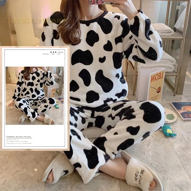 Autumn Winter Flannel Women's Pajamas Sets Cute Polka Dots Printed Teddy Sleepwear Velvet Homewear Set Girl Pijamas Mujer Pyjama W21