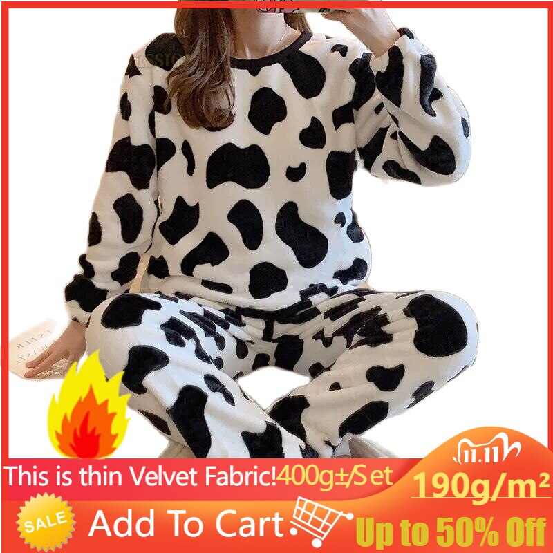 Autumn Winter Flannel Women's Pajamas Sets Cute Polka Dots Printed Teddy Sleepwear Velvet Homewear Set Girl Pijamas Mujer Pyjama AMAIO