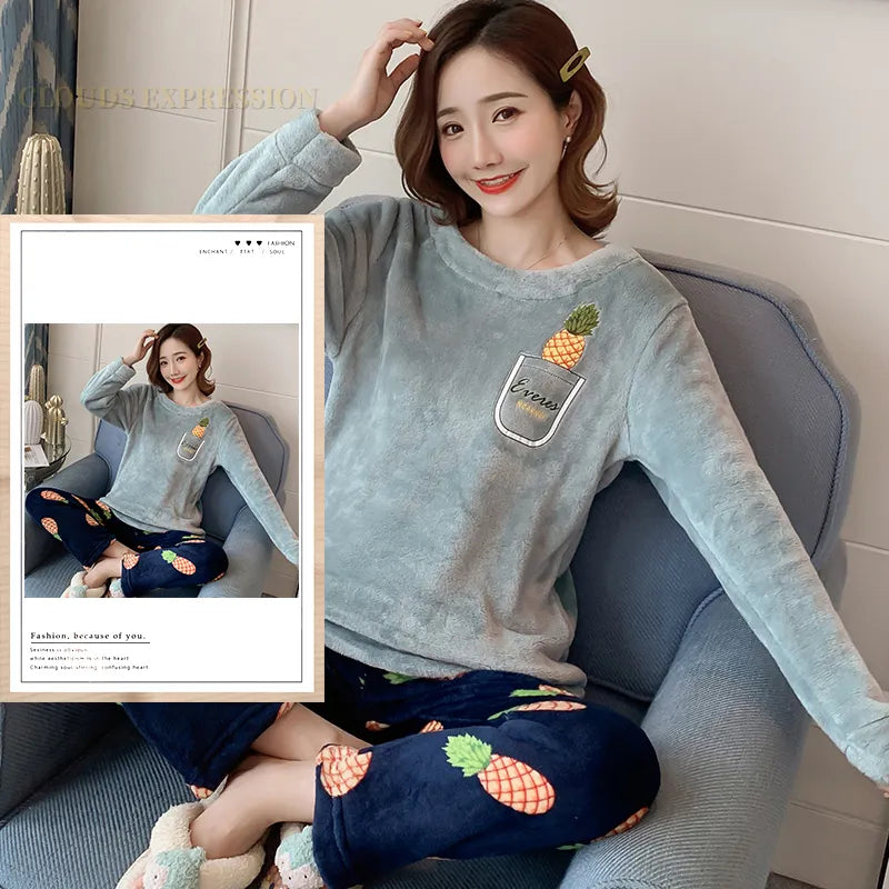 Autumn Winter Flannel Women's Pajamas Sets Cute Polka Dots Printed Teddy Sleepwear Velvet Homewear Set Girl Pijamas Mujer Pyjama W15