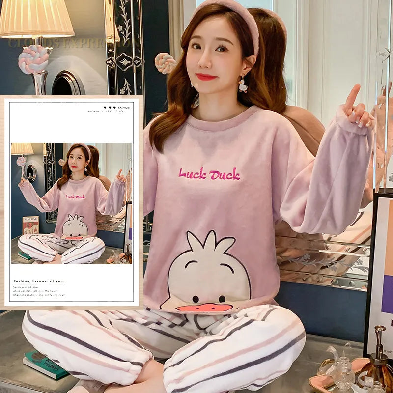 Autumn Winter Flannel Women's Pajamas Sets Cute Polka Dots Printed Teddy Sleepwear Velvet Homewear Set Girl Pijamas Mujer Pyjama W20