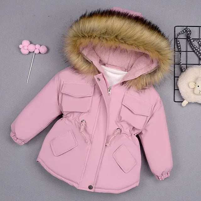 Autumn Winter Fur Collar Children Thick Warm Jackets Girls Warm Kids Down Coats Girl 2-8 Years Outerwear Kids Clothing Pink